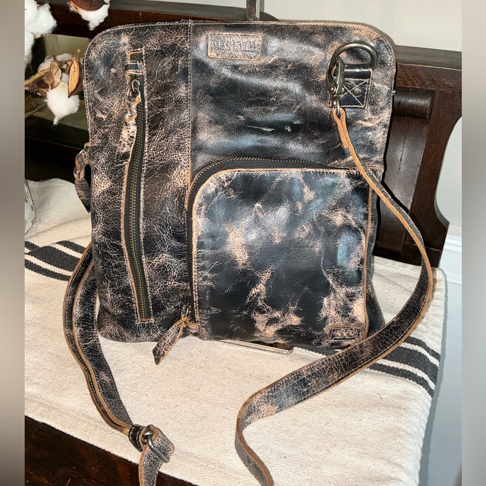 NWOT Bed Stu Leather Aiken 2 Way Crossbody Bag Black Rustic Retail $265 - Picture 1 of 13